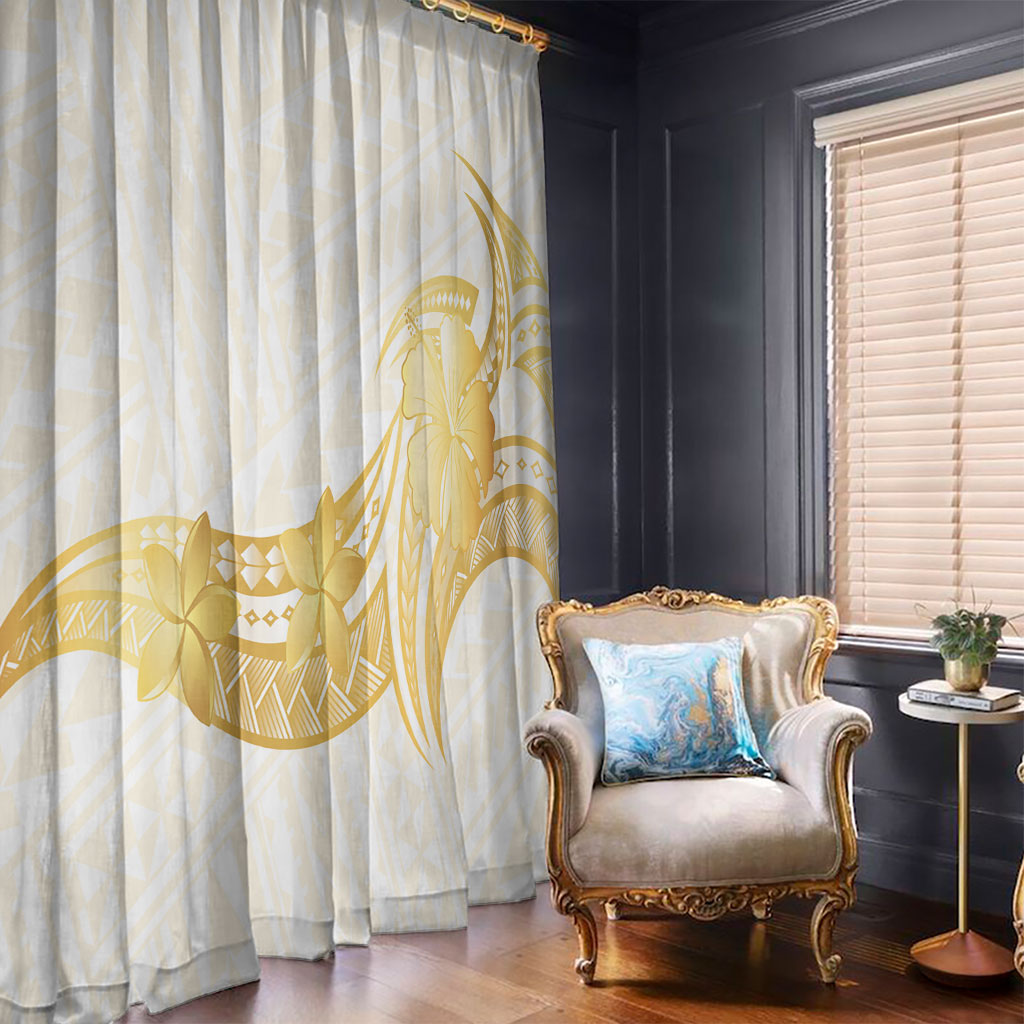 Polynesia White Sunday Window Curtain Polynesian Tattoo Plumeria Hibiscus Gold
