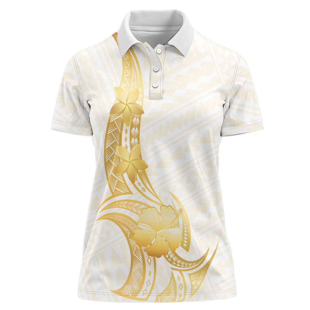 Polynesia White Sunday Women Polo Shirt Polynesian Tattoo Plumeria Hibiscus Gold