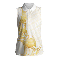 Polynesia White Sunday Women Sleeveless Polo Shirt Polynesian Tattoo Plumeria Hibiscus Gold