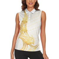 Polynesia White Sunday Women Sleeveless Polo Shirt Polynesian Tattoo Plumeria Hibiscus Gold