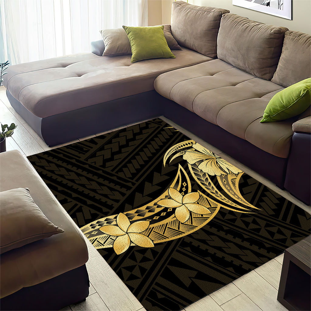 Gold Black Polynesia Hibiscus Plumeria Tattoo Area Rug