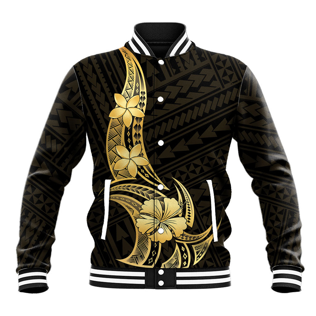 Gold Black Polynesia Hibiscus Plumeria Tattoo Baseball Jacket