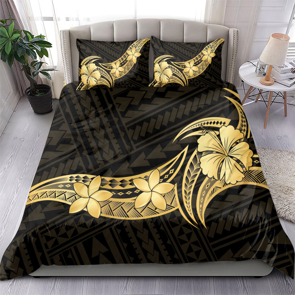 Gold Black Polynesia Hibiscus Plumeria Tattoo Bedding Set