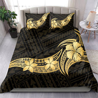 Gold Black Polynesia Hibiscus Plumeria Tattoo Bedding Set