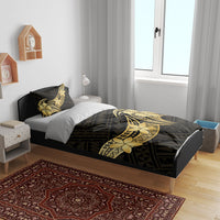Gold Black Polynesia Hibiscus Plumeria Tattoo Bedding Set
