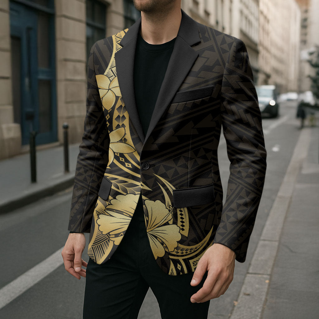Gold Black Polynesia Hibiscus Plumeria Tattoo Blazer