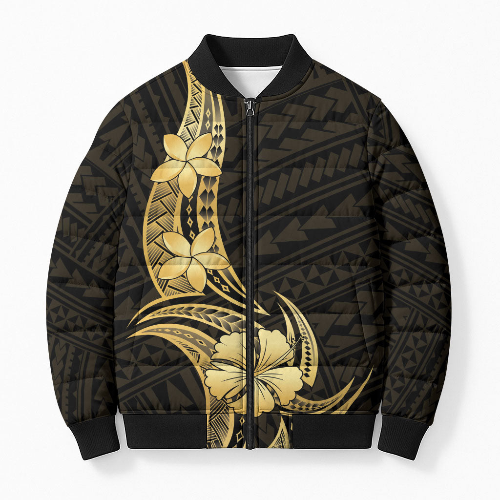 Gold Black Polynesia Hibiscus Plumeria Tattoo Bomber Puffer Jacket