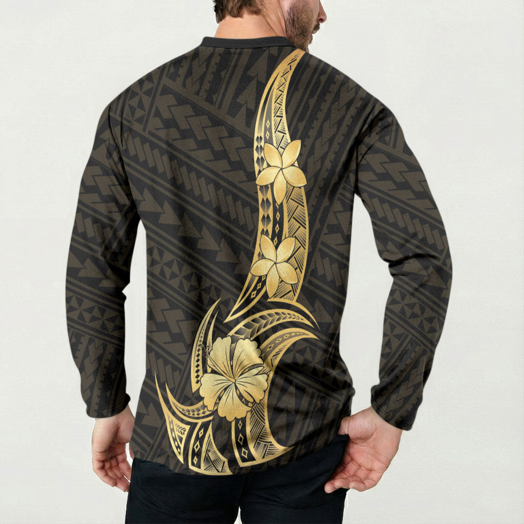 Gold Black Polynesia Hibiscus Plumeria Tattoo Button Sweatshirt
