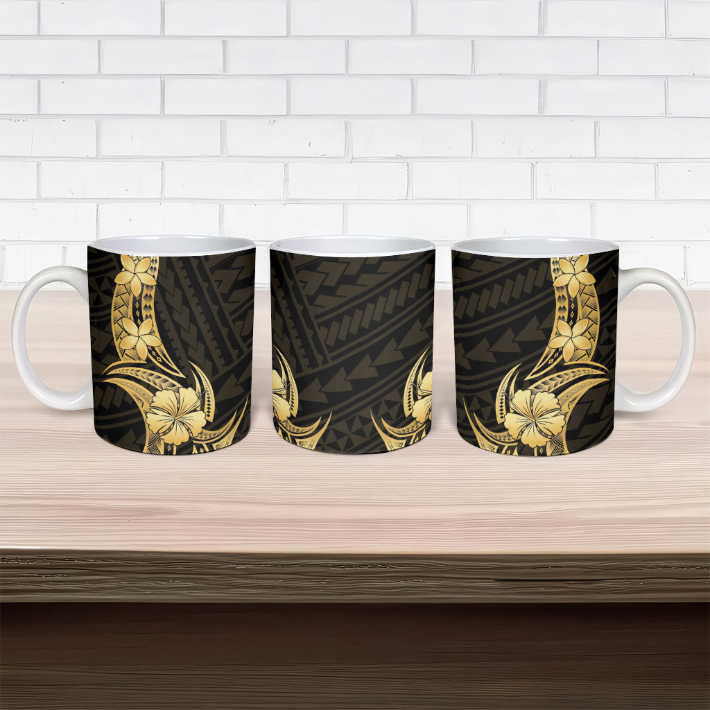 Gold Black Polynesia Hibiscus Plumeria Tattoo Ceramic Mug