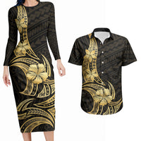 Gold Black Polynesia Hibiscus Plumeria Tattoo Couples Matching Long Sleeve Bodycon Dress and Hawaiian Shirt