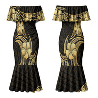 Gold Black Polynesia Hibiscus Plumeria Tattoo Couples Matching Mermaid Dress and Hawaiian Shirt