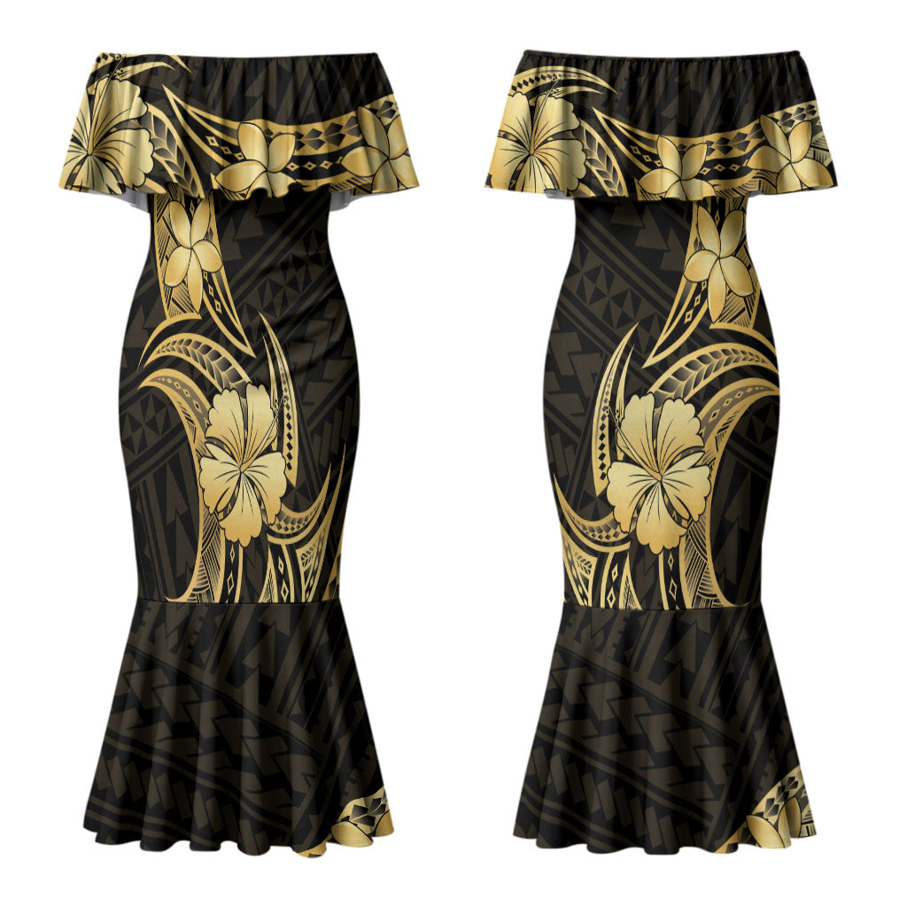 Gold Black Polynesia Hibiscus Plumeria Tattoo Couples Matching Mermaid Dress and Long Sleeve Button Shirt