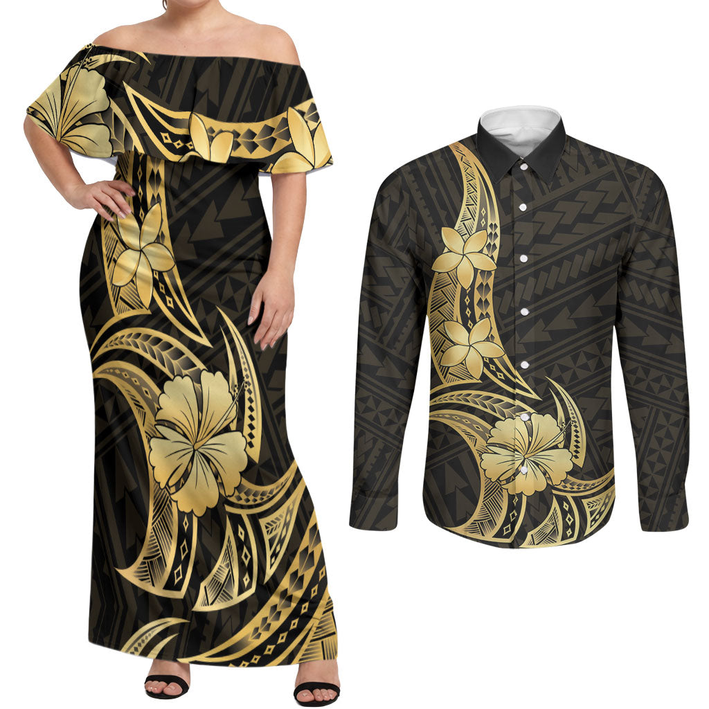 Gold Black Polynesia Hibiscus Plumeria Tattoo Couples Matching Off Shoulder Maxi Dress and Long Sleeve Button Shirt