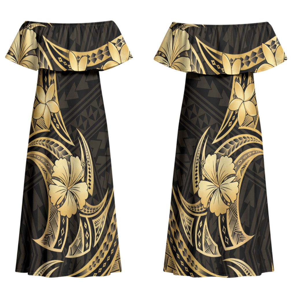 Gold Black Polynesia Hibiscus Plumeria Tattoo Couples Matching Off Shoulder Maxi Dress and Long Sleeve Button Shirt