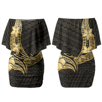 Gold Black Polynesia Hibiscus Plumeria Tattoo Couples Matching Off Shoulder Short Dress and Hawaiian Shirt