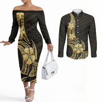 Gold Black Polynesia Hibiscus Plumeria Tattoo Couples Matching Off The Shoulder Long Sleeve Dress and Long Sleeve Button Shirt