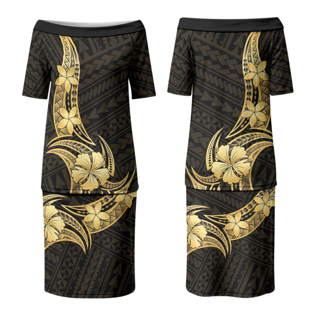 Gold Black Polynesia Hibiscus Plumeria Tattoo Couples Matching Puletasi and Long Sleeve Button Shirt