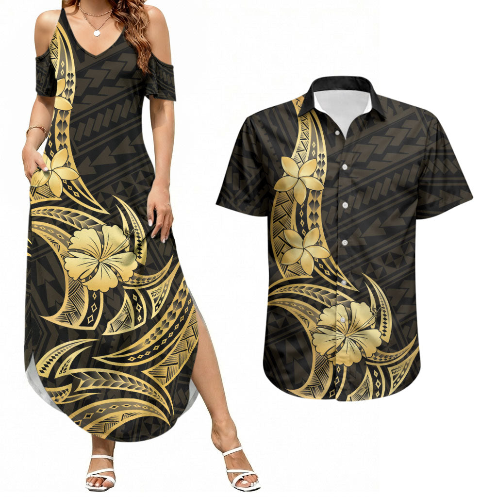 Gold Black Polynesia Hibiscus Plumeria Tattoo Couples Matching Summer Maxi Dress and Hawaiian Shirt