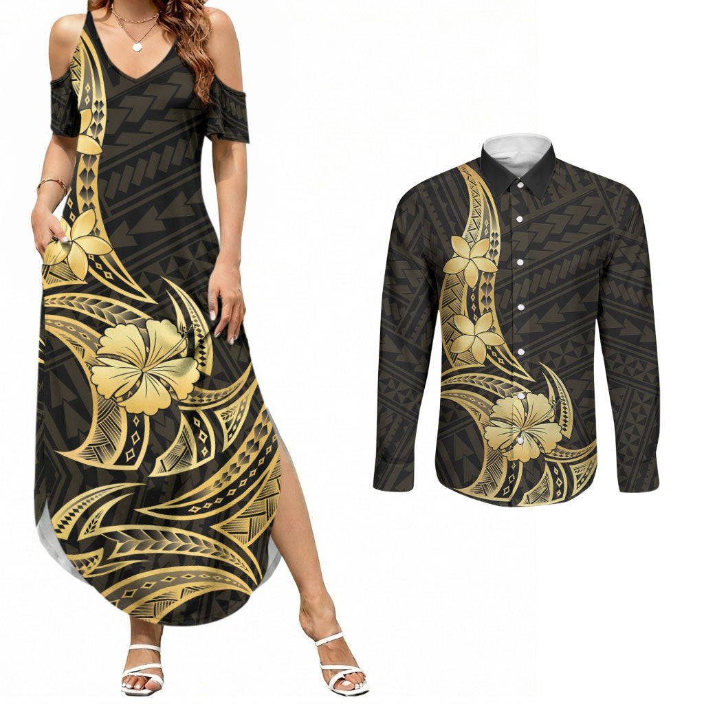 Gold Black Polynesia Hibiscus Plumeria Tattoo Couples Matching Summer Maxi Dress and Long Sleeve Button Shirt