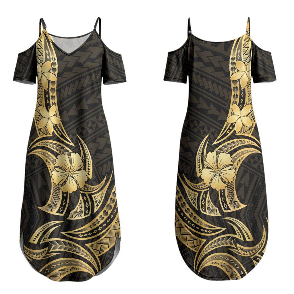 Gold Black Polynesia Hibiscus Plumeria Tattoo Couples Matching Summer Maxi Dress and Long Sleeve Button Shirt