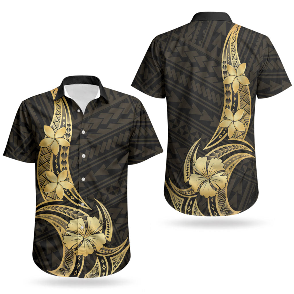 Gold Black Polynesia Hibiscus Plumeria Tattoo Couples Matching Tank Maxi Dress and Hawaiian Shirt