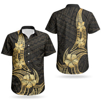 Gold Black Polynesia Hibiscus Plumeria Tattoo Couples Matching Tank Maxi Dress and Hawaiian Shirt