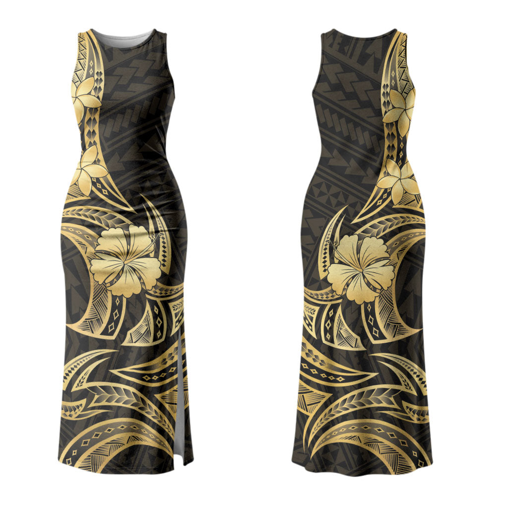 Gold Black Polynesia Hibiscus Plumeria Tattoo Couples Matching Tank Maxi Dress and Hawaiian Shirt