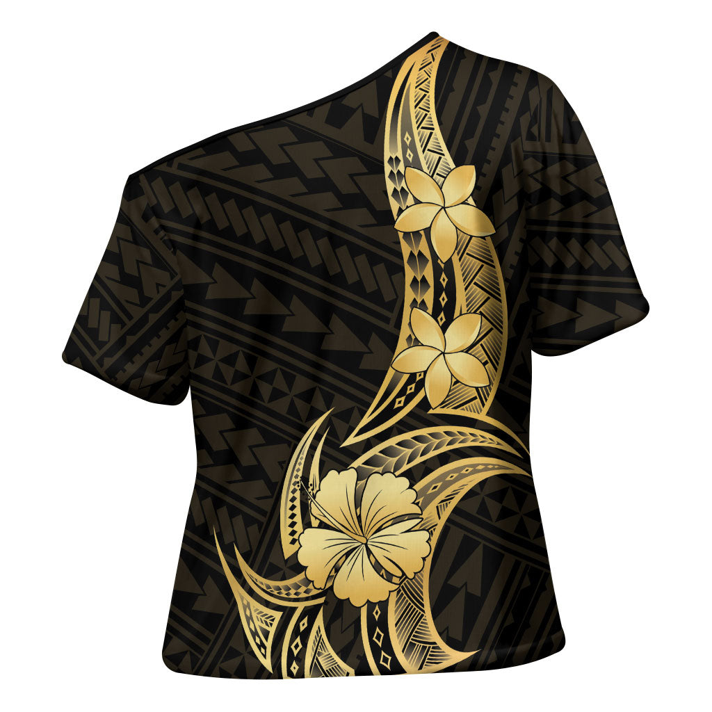 Gold Black Polynesia Hibiscus Plumeria Tattoo Cross Shoulder Shirt