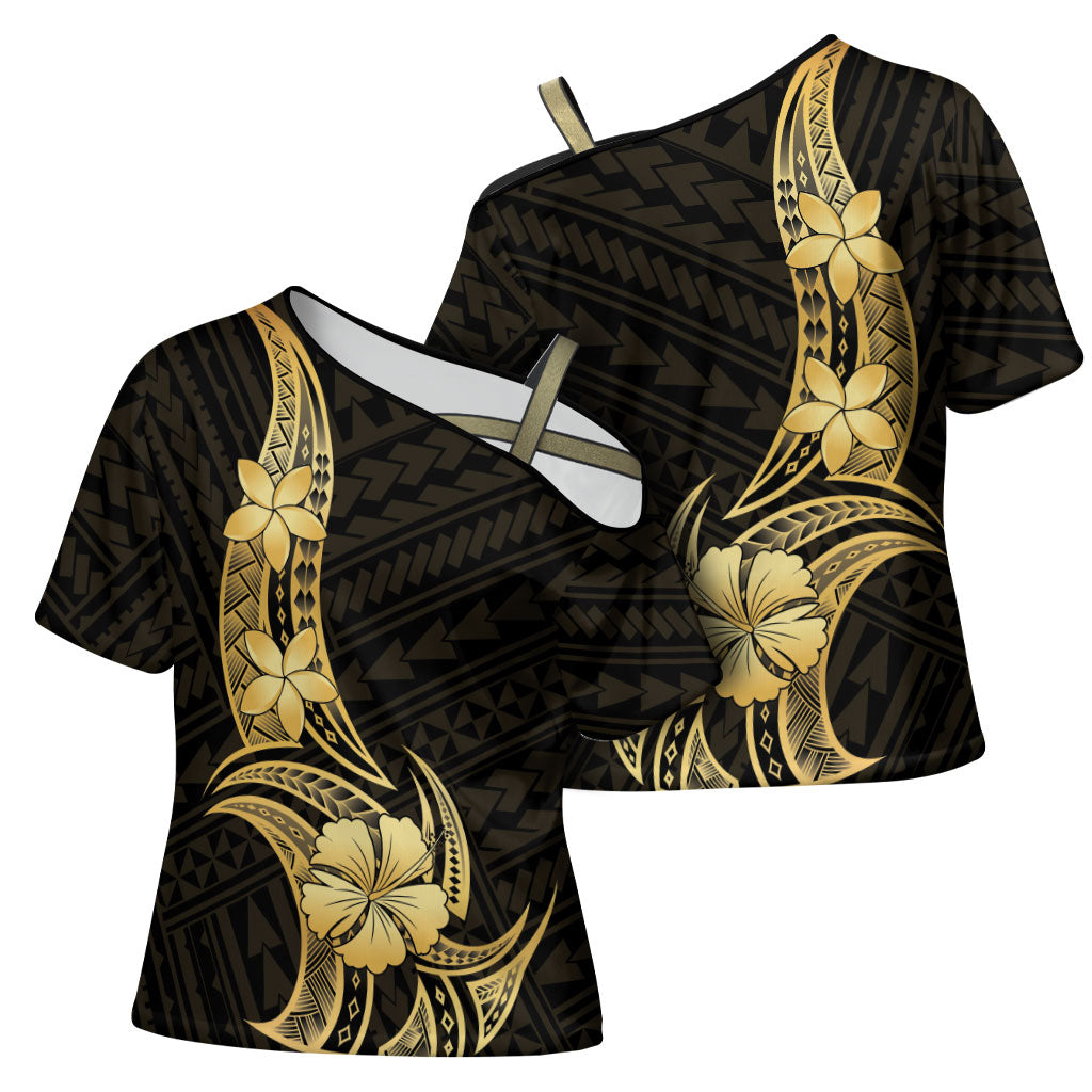 Gold Black Polynesia Hibiscus Plumeria Tattoo Cross Shoulder Shirt