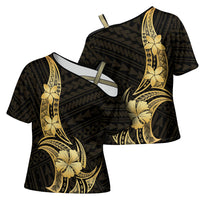 Gold Black Polynesia Hibiscus Plumeria Tattoo Cross Shoulder Shirt