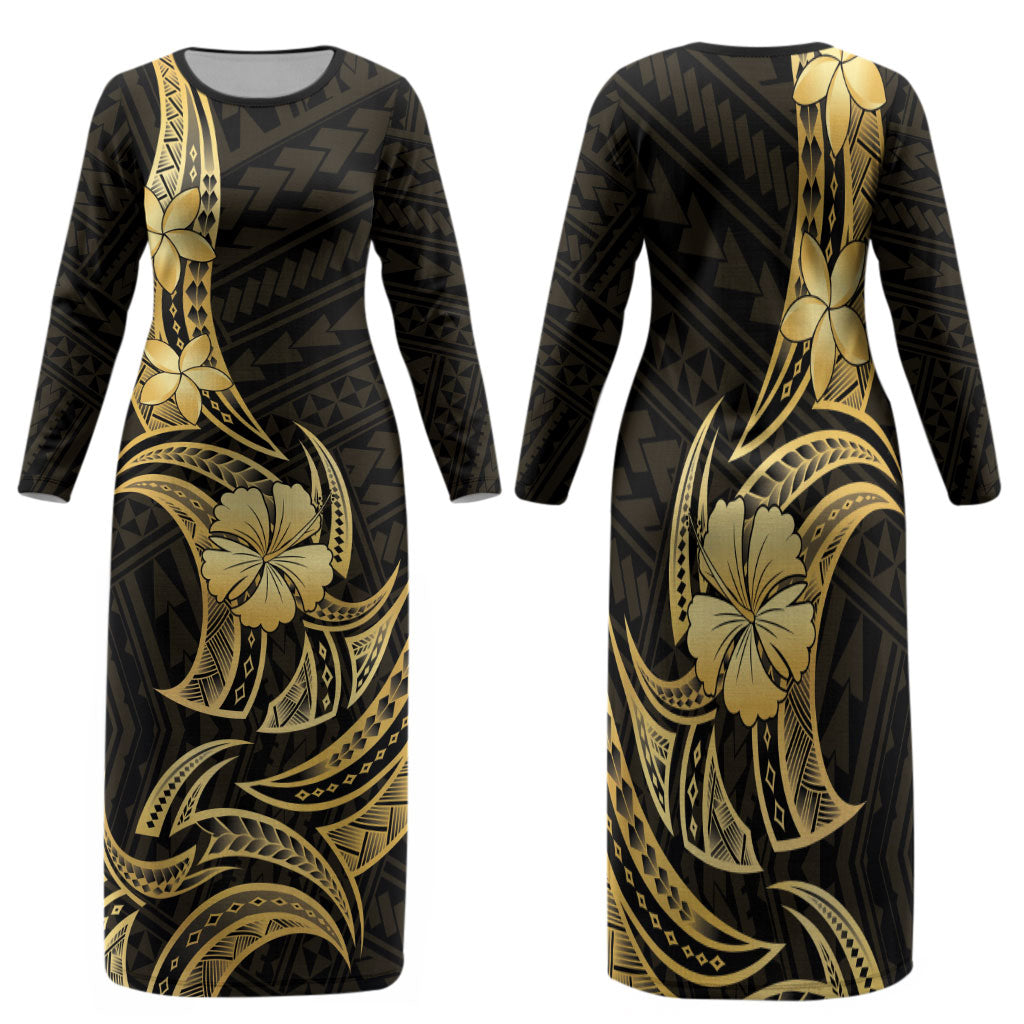 Gold Black Polynesia Hibiscus Plumeria Tattoo Family Matching Long Sleeve Bodycon Dress and Hawaiian Shirt