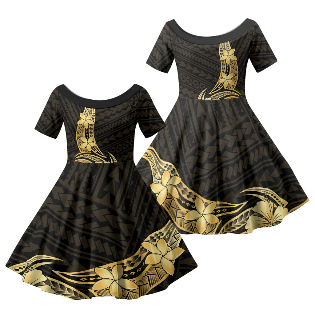 Gold Black Polynesia Hibiscus Plumeria Tattoo Family Matching Long Sleeve Bodycon Dress and Hawaiian Shirt