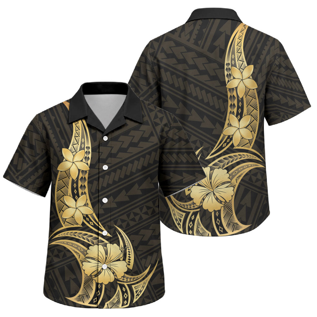 Gold Black Polynesia Hibiscus Plumeria Tattoo Family Matching Long Sleeve Bodycon Dress and Hawaiian Shirt