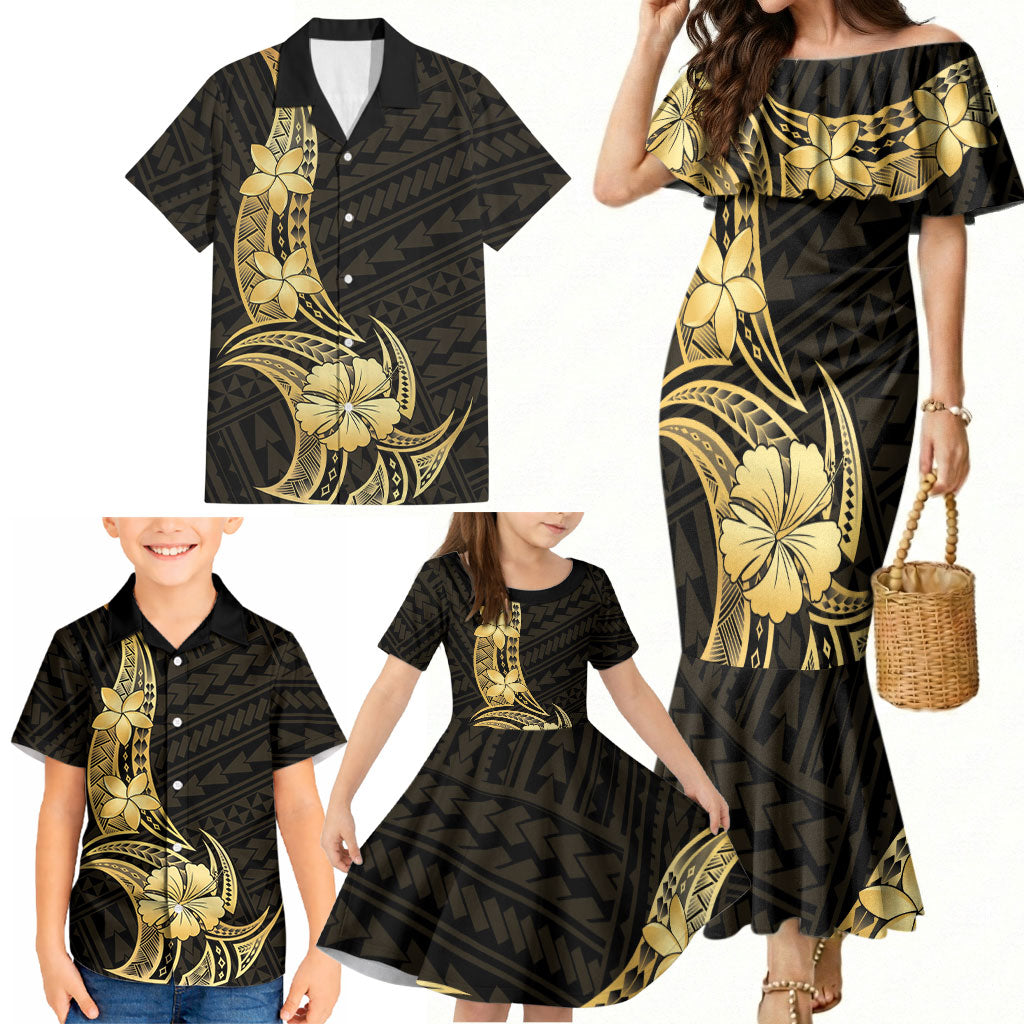 Gold Black Polynesia Hibiscus Plumeria Tattoo Family Matching Mermaid Dress and Hawaiian Shirt