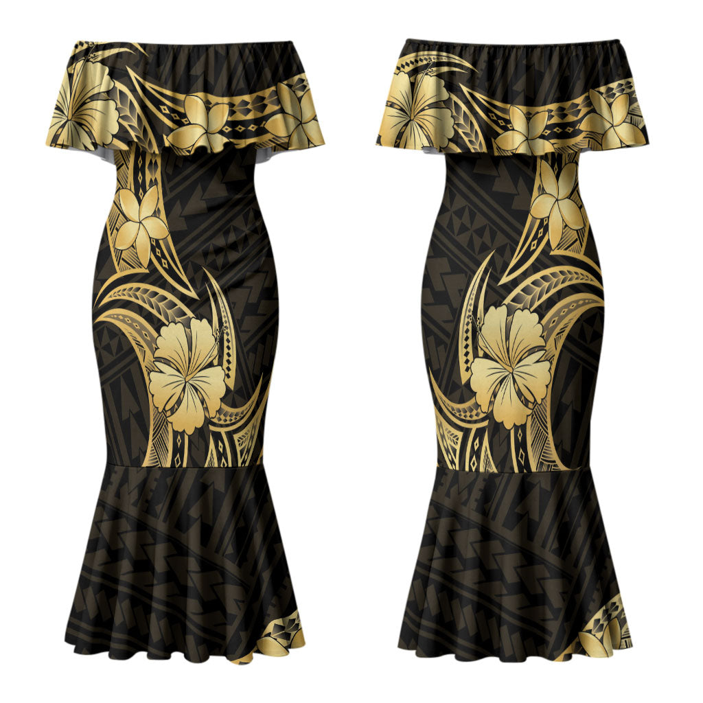 Gold Black Polynesia Hibiscus Plumeria Tattoo Family Matching Mermaid Dress and Hawaiian Shirt