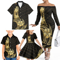 Gold Black Polynesia Hibiscus Plumeria Tattoo Family Matching Off The Shoulder Long Sleeve Dress and Hawaiian Shirt