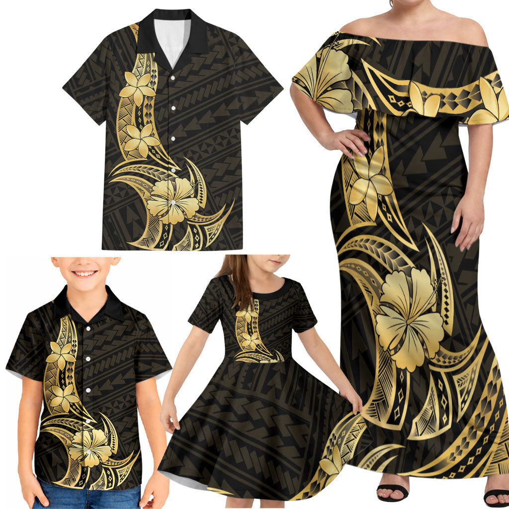 Gold Black Polynesia Hibiscus Plumeria Tattoo Family Matching Off Shoulder Maxi Dress and Hawaiian Shirt