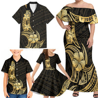 Gold Black Polynesia Hibiscus Plumeria Tattoo Family Matching Off Shoulder Maxi Dress and Hawaiian Shirt