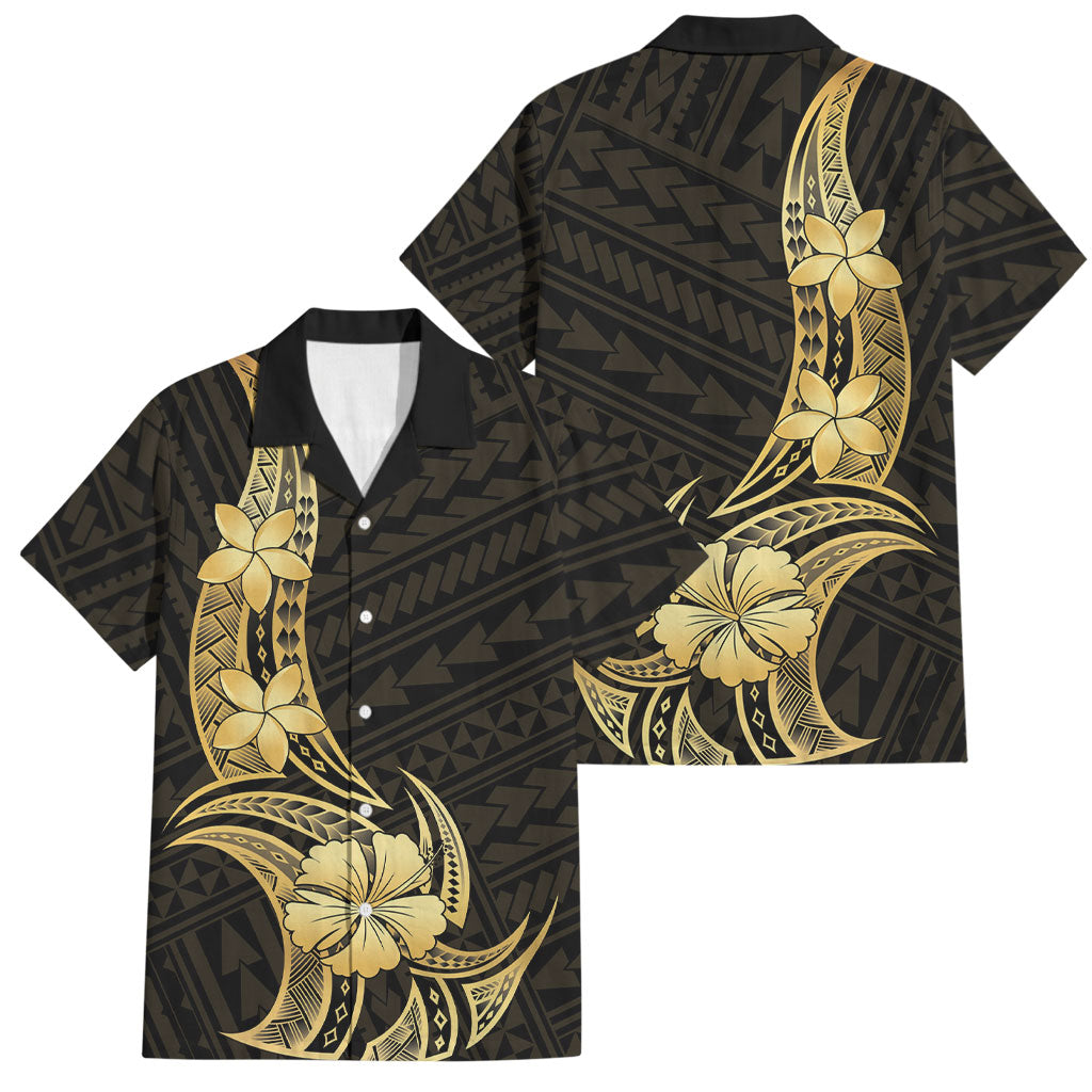 Gold Black Polynesia Hibiscus Plumeria Tattoo Family Matching Off Shoulder Maxi Dress and Hawaiian Shirt