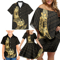 Gold Black Polynesia Hibiscus Plumeria Tattoo Family Matching Off Shoulder Short Dress and Hawaiian Shirt