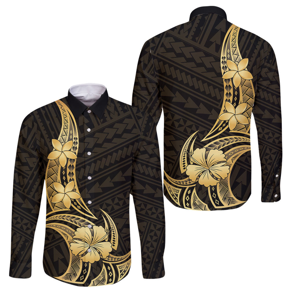 Gold Black Polynesia Hibiscus Plumeria Tattoo Family Matching Off Shoulder Short Dress and Hawaiian Shirt