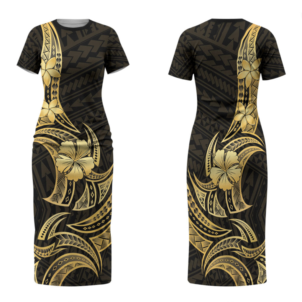 Gold Black Polynesia Hibiscus Plumeria Tattoo Family Matching Short Sleeve Bodycon Dress and Hawaiian Shirt