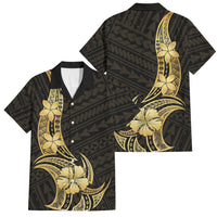 Gold Black Polynesia Hibiscus Plumeria Tattoo Family Matching Short Sleeve Bodycon Dress and Hawaiian Shirt