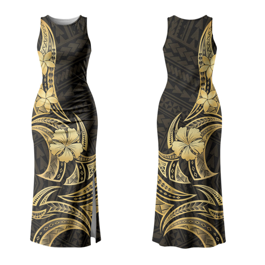 Gold Black Polynesia Hibiscus Plumeria Tattoo Family Matching Tank Maxi Dress and Hawaiian Shirt