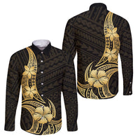 Gold Black Polynesia Hibiscus Plumeria Tattoo Family Matching Tank Maxi Dress and Hawaiian Shirt