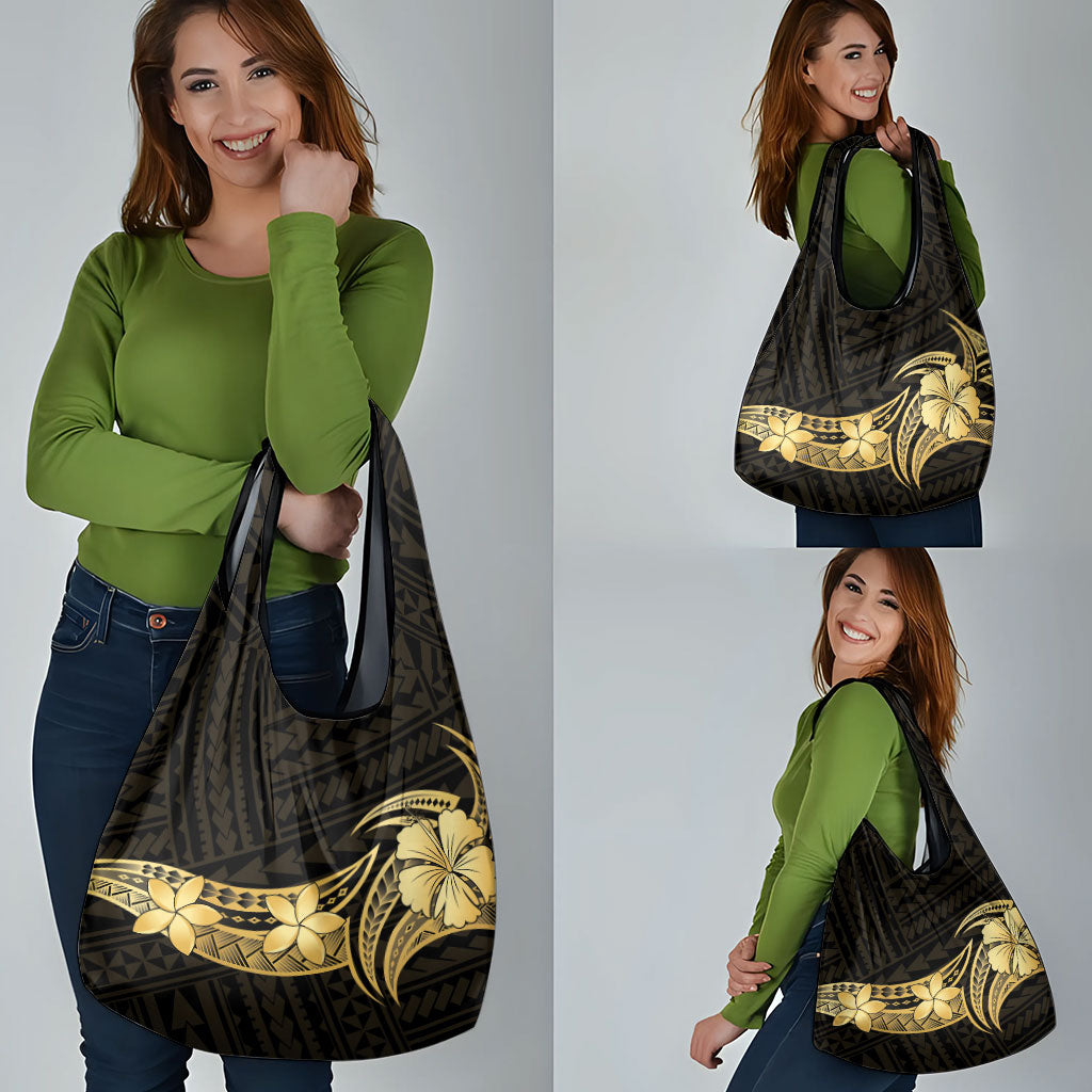 Gold Black Polynesia Hibiscus Plumeria Tattoo Grocery Bag