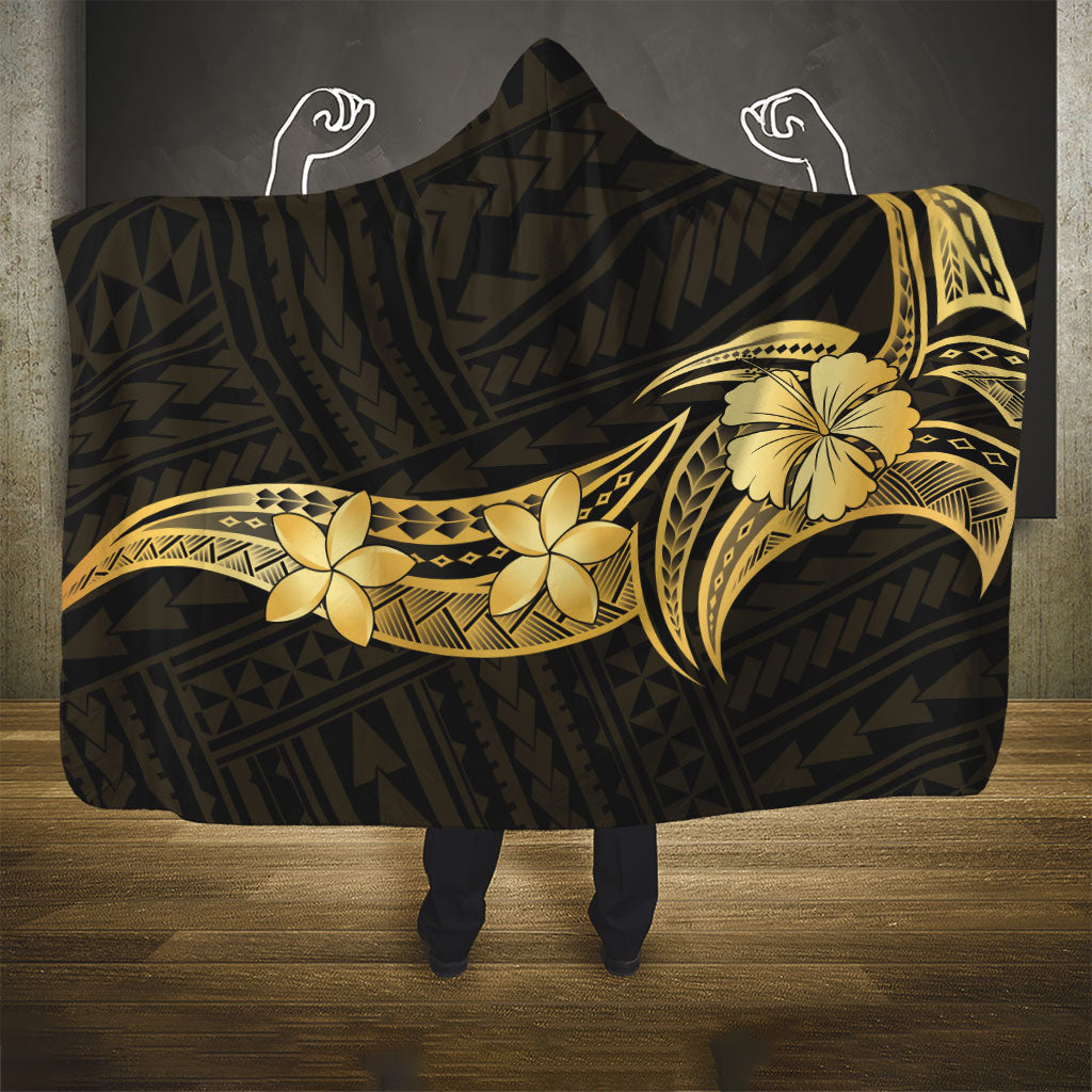 Gold Black Polynesia Hibiscus Plumeria Tattoo Hooded Blanket