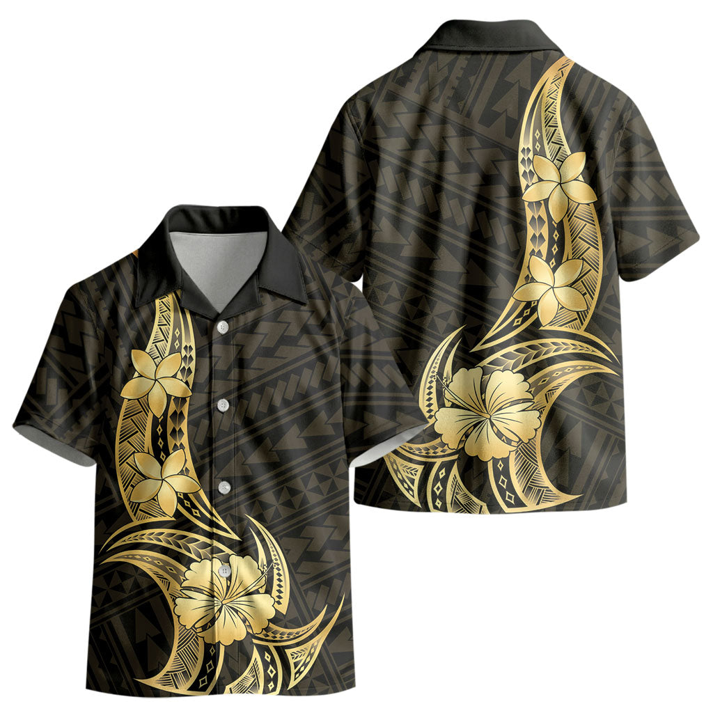 Gold Black Polynesia Hibiscus Plumeria Tattoo Kid Hawaiian Shirt