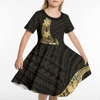 Gold Black Polynesia Hibiscus Plumeria Tattoo Kid Short Sleeve Dress