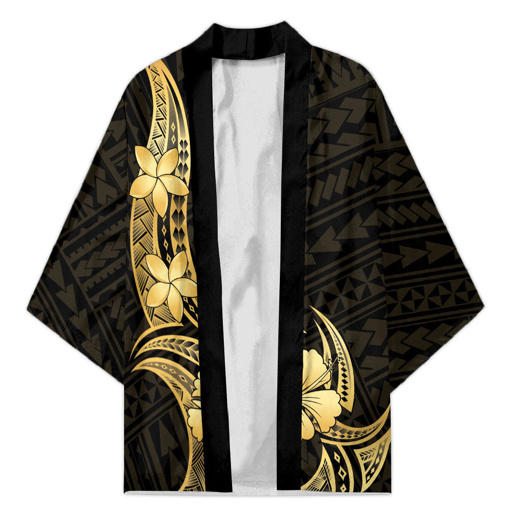 Gold Black Polynesia Hibiscus Plumeria Tattoo Kimono LT14 Unisex Black - Polynesian Pride